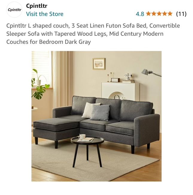 Cpintltr L shaped couch, 3 Seat Linen Futon Sofa Bed, Convertible Sleeper Sofa with Tapered Wood Legs, Mid Century Modern Couches for Bedroom Dark Gra