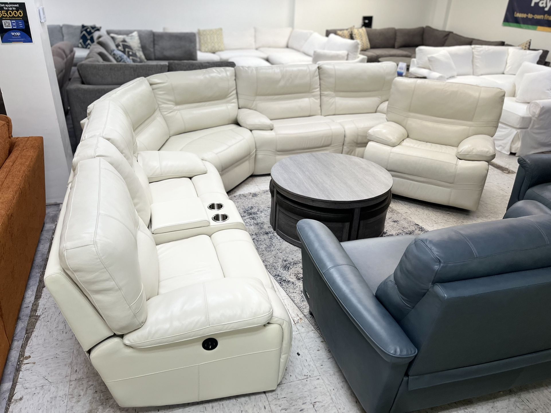 White Genuine Leather Sectional With Matching Chair