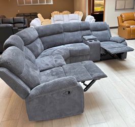 Gray microfiber fully reclining sectional couch