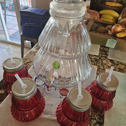 Glass Beverage Dispenser 2.1 Gal & 22.5 Oz Sippers (Red & Clear)
