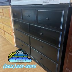 Wide Solid Pine Wood Nine Drawer Black 