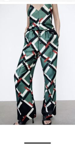 Zara Green and Black Dress Pants with Geometric Design XS