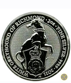 2021- 2 Troy oz .999 British Queens Beast White Greyhound minted in the UK.
