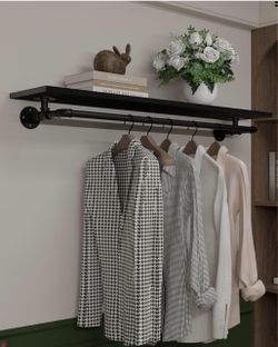 Industrial Pipe Wall-Mounted Shelf with Clothing Rod