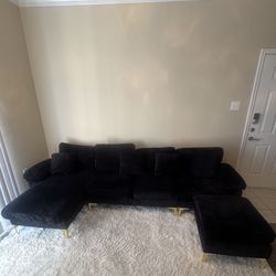 4 Piece Black Velvet Upholstered Sectional With Ottoman