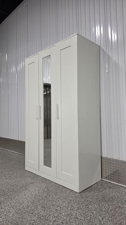 Large 3-Door White Wardrobe with Mirror & Custom Shelving
