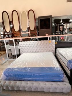Beautiful queen or king size light grey bed frame with mattress