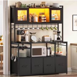 Itaar Bakers Rack with Power Outlet and LED Light, 47.2'' Microwave Stand with Storage, Kitchen Coffee Bar Cabinet with Glass Door, 4 Drawer, Wine Rac