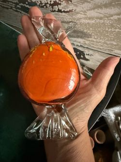 Vintage Murano Style Large Hand Blown Art Glass Wrapped Candy Orange & Yellow 6” x 3” Vibrant hand-blown art glass wrapped candy decoration. This pi