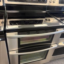 WHIRLPOOL STAINLESS DOUBLE OVEN GLASS TOP STOVE