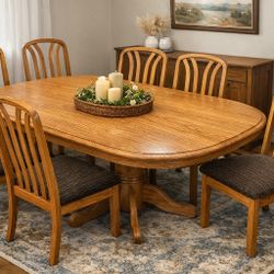 Solid Oak Dining Table w/ 2 Leaves + 7 Chairs