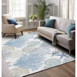 Coastal Beach 5x7 Area Rugs for Living Room, Bedroom, Entryway, Dining & Office - Shell Starfish Coral Washable Non-Slip Low-Pile Floor Mat