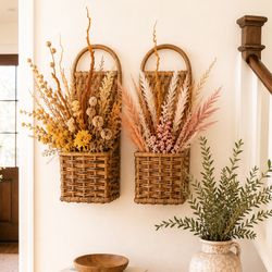 Vintage Pair 2 Wicker Natural Wall Hanging Baskets Mid Century Display Basket Boho Rustic Cottage Decor Rattan Bohemian 