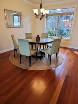 Wrought Iron And Glass Dining Table, Six Chairs 
