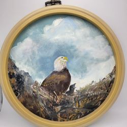 Vintage Sid Ensberg Mama & Baby Eagle Painting 1995 8.5" Diam Plastic Hoop