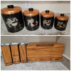 Vintage Kitchen Canisters Set Roosters OR Faux Wood