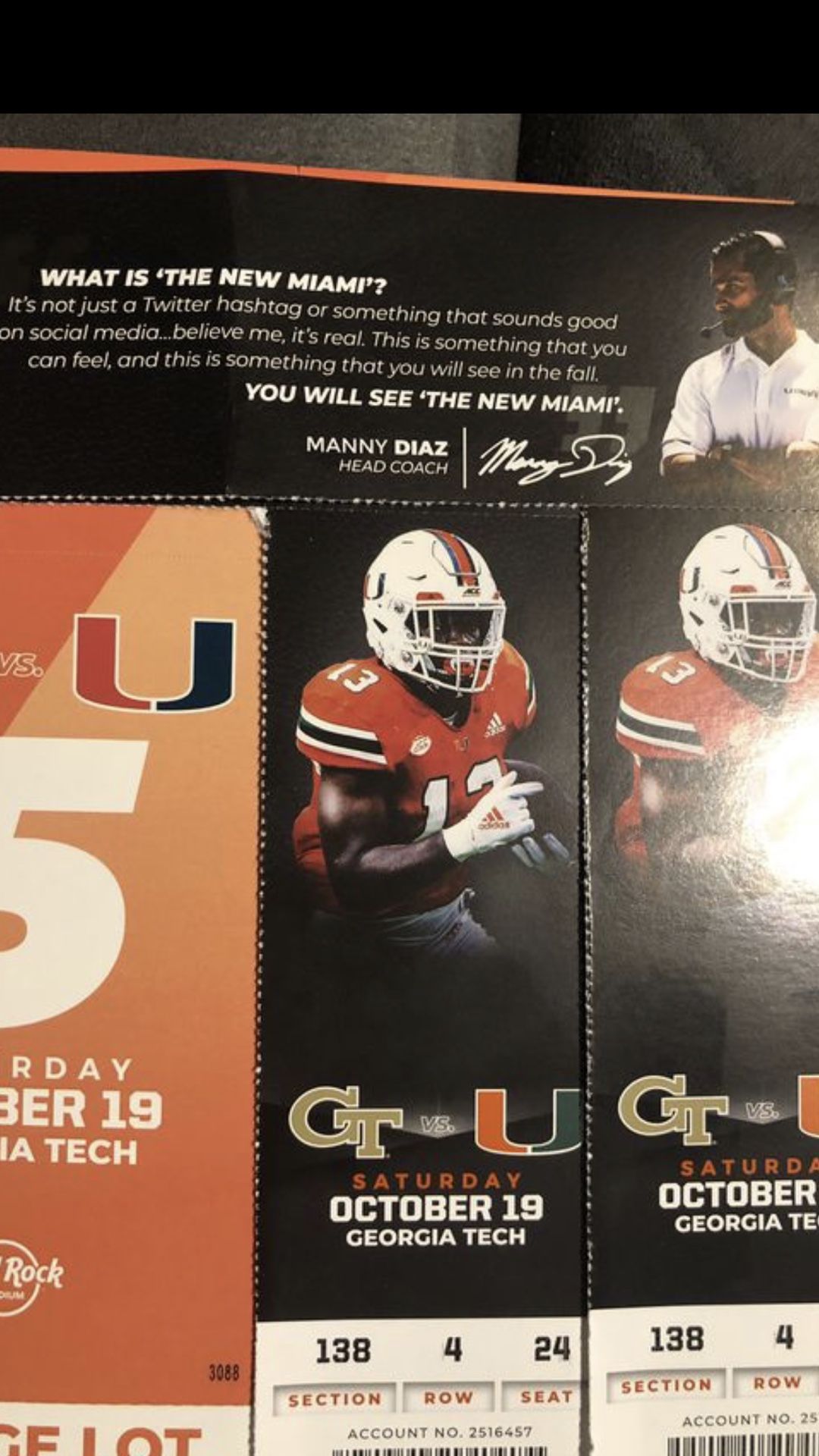 Miami Hurricanes Two tickets row 4 with orange lot parking pass!