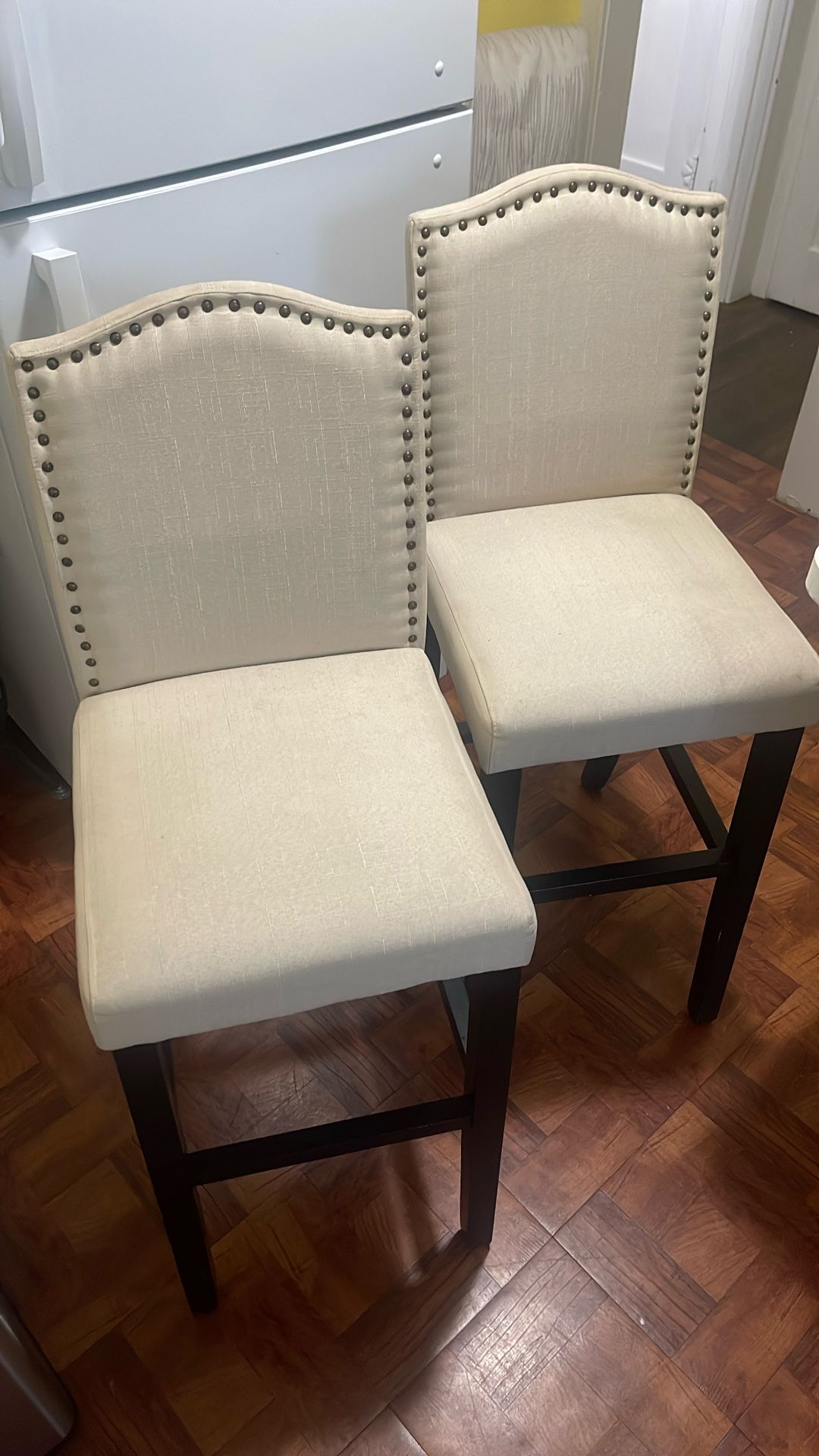 Tall Stools Tan Linen Brown Wood