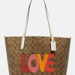 NWT COACH CITY TOTE Bag With LOVE Print In KHAKI CHALK MULTI SIG CC Leather