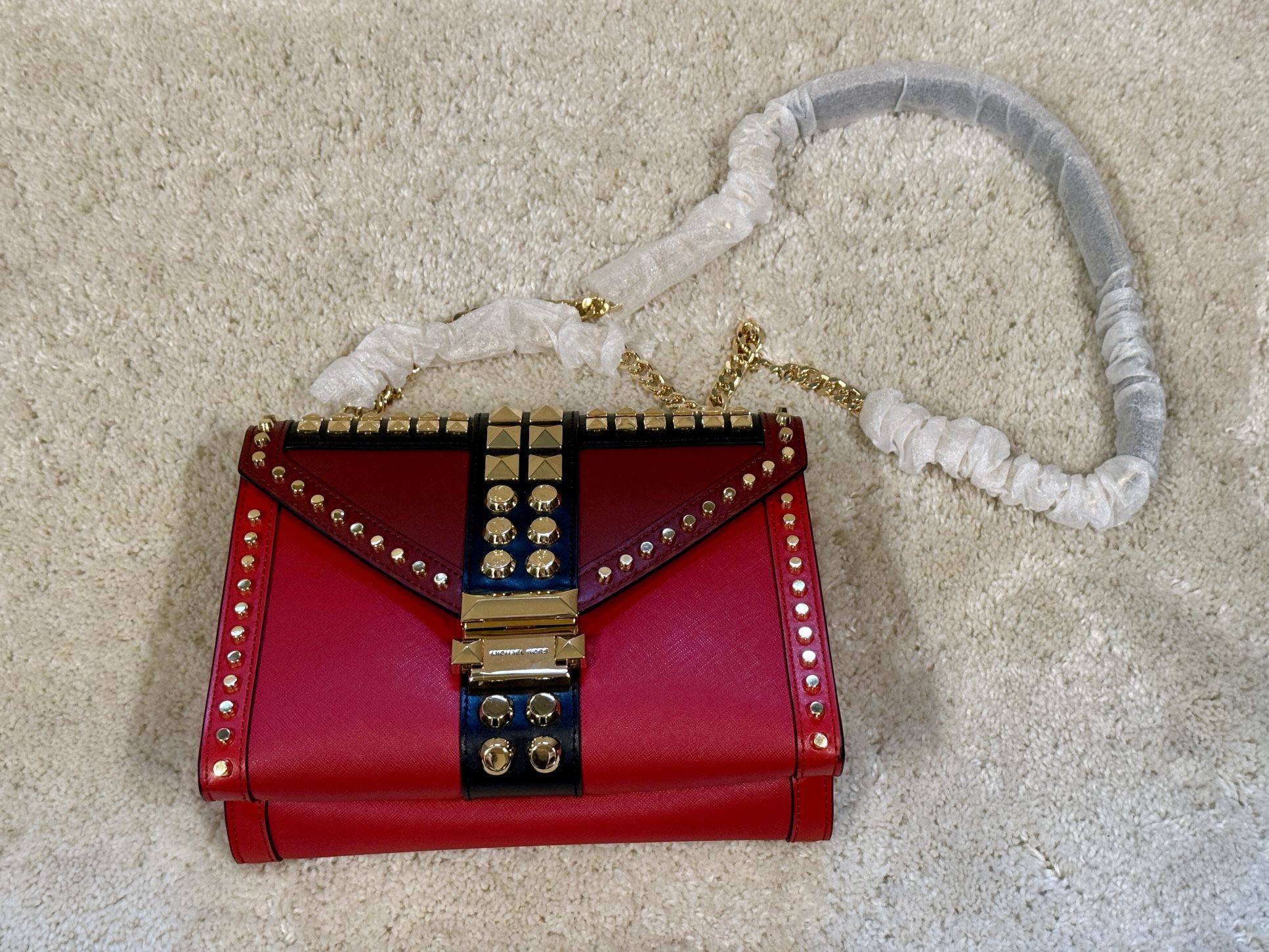 Michael Kors Whitney Studded Leather Shoulder Bag - Bright Red/Gold Accents