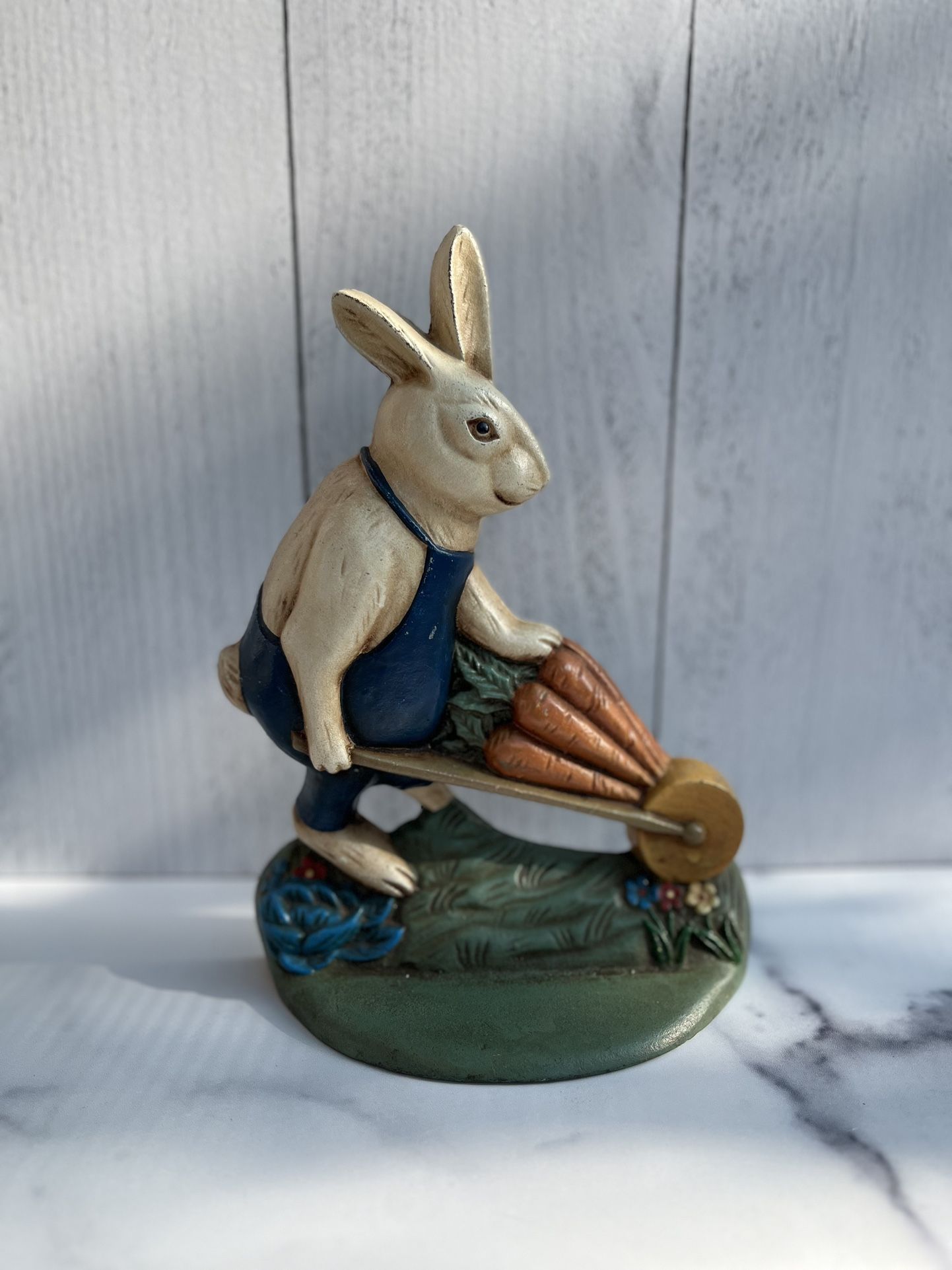 Vintage Cast Iron Bunny with Wheelbarrow 9.5” Tall
