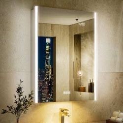 Open box new-Aura 24 in. W x 32 in. H Rectangular Aluminum Surface/Recessed Wall Medicine Cabinet with Mirror and Light Dimmable-R