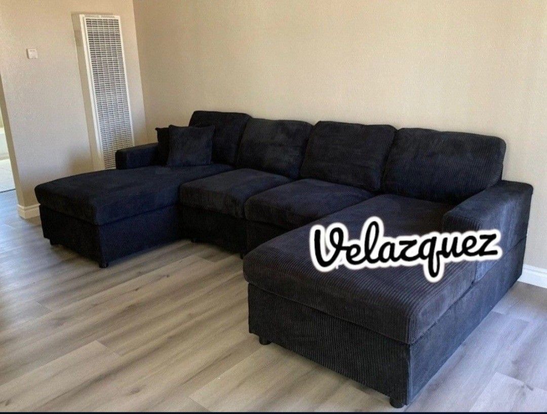 ✅️✅️4 pc  Black corduroy fabric sectional sofa with double chaise✅️✅️✅️