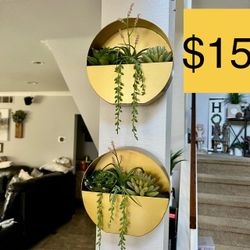Project 62 Gold Round Metal Wall Hanging Planters Artificial Succulents Pair (SELLING FOR $15)