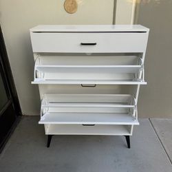New In Box 32x10x44 Inch Tall Heavy Duty Material Shoe Storage Shelf  White Cabinet With Double Fold Down Drawer Organizer 
