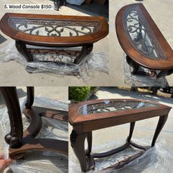 Wood Console Table with Glass Top