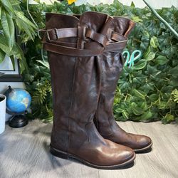 Frye Tall Riding Boots Shirley Strappy Women Brown Leather Buckle Zipper 8 B