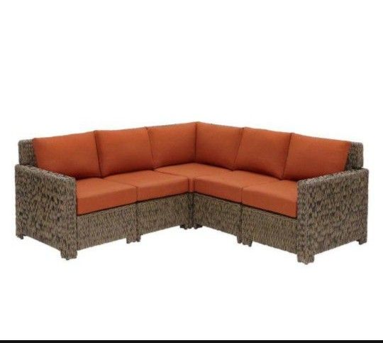 Hampton Bay Laguna Point 5-Piece Brown Wicker Outdoor Patio Sectional Sofa Set with CushionGuard Quarry Red Cushions
