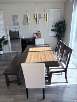 Rustic Wood Dining Table Set with Bench and 5 Chairs
