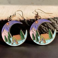 New Camping Log Cabin Forest Mountain Pastel Purple Pink Blue Moon Drop Earrings