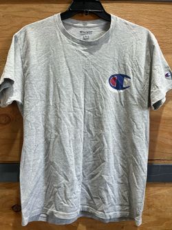 Gray Champion T-shirt with blue/red logo, size L