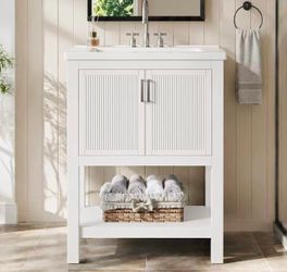 LD0081 24" Bathroom Vanity with Sink, Solid Wooden Frame Freestanding Vanity with Ceramic Porcelain Basin, 2-Door Storage Cabinet & Open Shelf for Sma