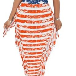 American Flag 2pc Fringe skirt set NWOT
