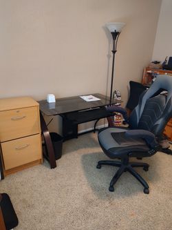Glass Desk, Office Chair, 2 drawer file cabinet