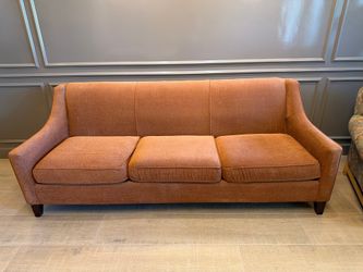 Terracotta Chenille 3-Seat Sloped-Arm Sofa, 89.5" x 34.5" x 44", Great Condition