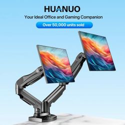 HUANUO Dual Monitor Arm - Adjustable Gas Spring Mount for 30" Monitors, 19.8 lbs Max Weight, C-Clamp or Grommet Mounting for Gaming & Office Setup hei