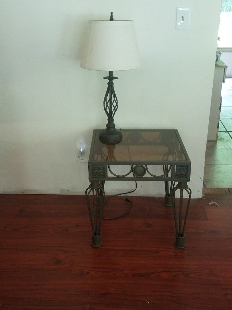 glass top iron base side table with matching lamp