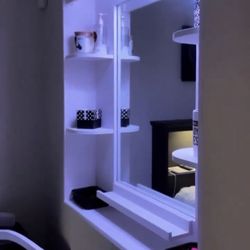 White Wooden Vanity W Fluffy White Spinning Chair 