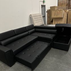 New! Contemporary Black Sectional, Black Faux Leather Sofa, L-Shaped Sofa With Pull-out Bed, Sofabed, Sectional Sofa Bed, Black Couch, Leatherette Sof
