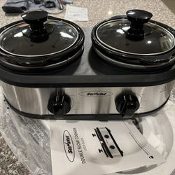 Sunvivi Dual Pot Slow Cooker, 2 Pot Small Mini Crock Buffet Server and Warmer, Upgraded Oval Ceramic Double Pot Buffet Food Warmer Adjustable Temp Gla