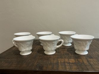 Vintage Indiana milk Glass footed Mugs - Colony Harvest Grape Pattern - Set Of 6 Cups