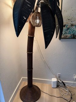 Very Large Bamboo and Rattan Palm Tree Floor Lamp, Mid-Century Modern, Darker