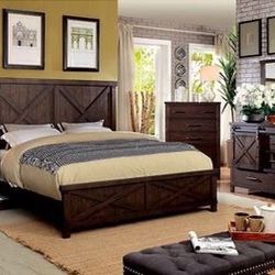 Brand New 4 PC Dark Walnut Wood Rustic Bedroom Set