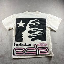 HELLSTAR Men's Size M Beige Logo Graphic Crew Neck Short Sleeve P2P Tee Crop #7A