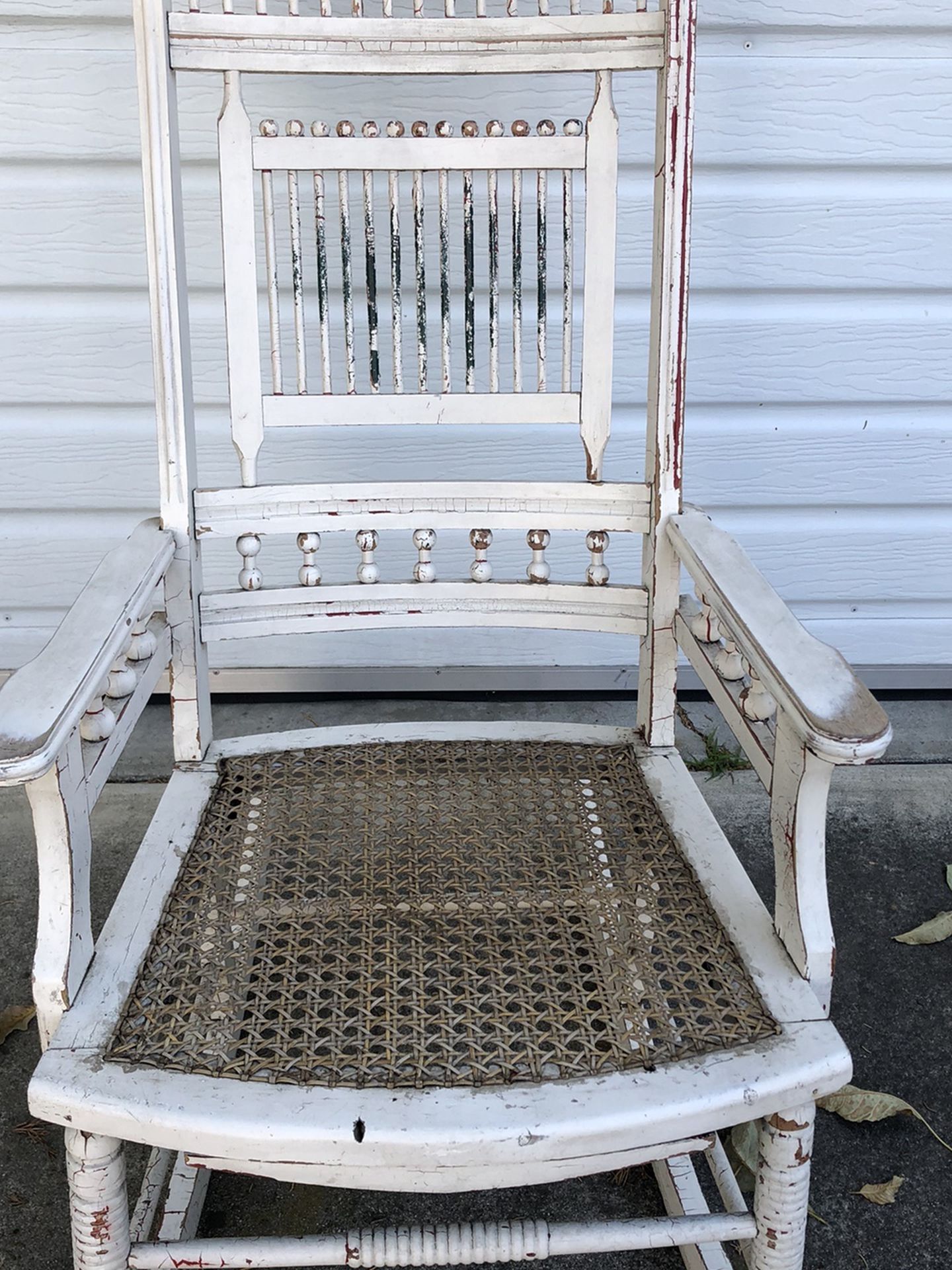 Vintage Victorian Shabby Chic Distressed White Wood Rattan Seat Rocking Chair