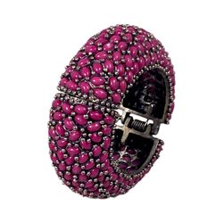 Pink Oval Hinged Bangle Bracelet S/M Silver Plated Fuchsia Plastic Chunky VTG